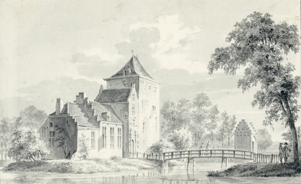Gezicht op het kasteel Walenburg te Nederlangbroek (gemeente Langbroek) uit het zuidoosten, met rechts de toegangsbrug het poortgebouw. Tekening van Paul van Liender uit 1756 naar of een uitwerking van een eerdere tekening uit 1752.Bron: <a href="https://commons.wikimedia.org/wiki/File:HUA-135449-Gezicht_op_het_kasteel_Walenburg_te_Nederlangbroek_gemeente_Langbroek_uit_het_zuiden_met_rechts_de_toegangsbrug_naar_het_voorterrein_Linksboven_zijn_t.jpg" target="_blank">Wikimedia.org</a>